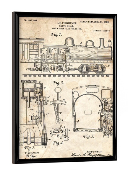 Poster mit schwarzem Rahmen "Zuh Entwurf (Antik)" artboxONE - Reise - Zug,Lokomotive,Eisenbahn,Bahn,Patent,Entwurf,Transport,Reise,Travel