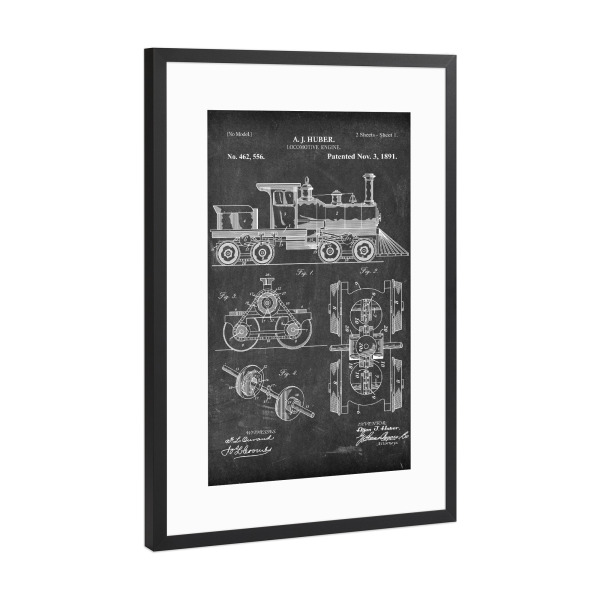 Poster mit Rahmen Schwarz (Metallic) "Zug Lokomotive (Tafel)" artboxONE - Reise,Schwarzweiß