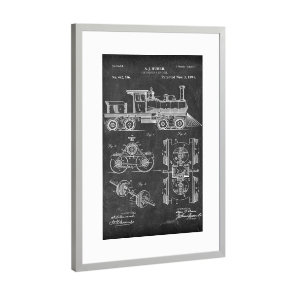 Poster mit Rahmen Silber "Zug Lokomotive (Tafel)" artboxONE - Reise,Schwarzweiß - Zug,Lokomotive,Eisenbahn,Bahn,Patent,Entwurf,Transport,Reise,Travel