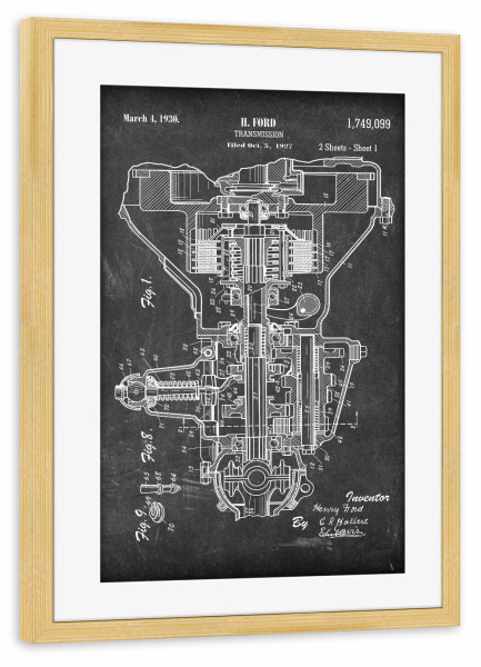 Poster mit Rahmen kiefer "Auto Getriebe Patent (Tafel)" artboxONE - Schwarzweiß,Automobile