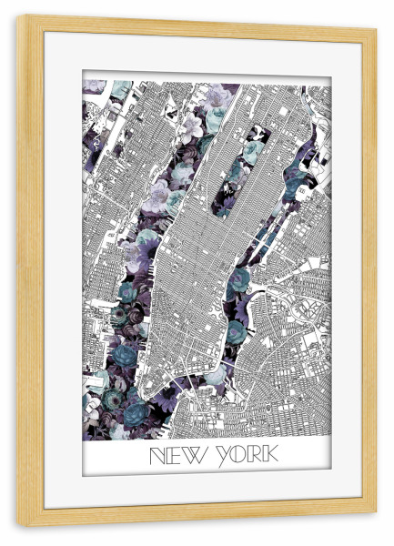 Poster mit Rahmen kiefer "New york city map floral" artboxONE - Städte,Städte / New York,Typografie,Reise,Schwarzweiß,Kartografie