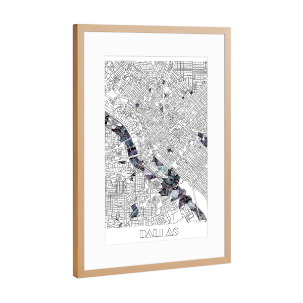 Poster mit Rahmen Kupfer "Dallas city map floral" artboxONE - Städte,Typografie,Reise,Schwarzweiß,Kartografie