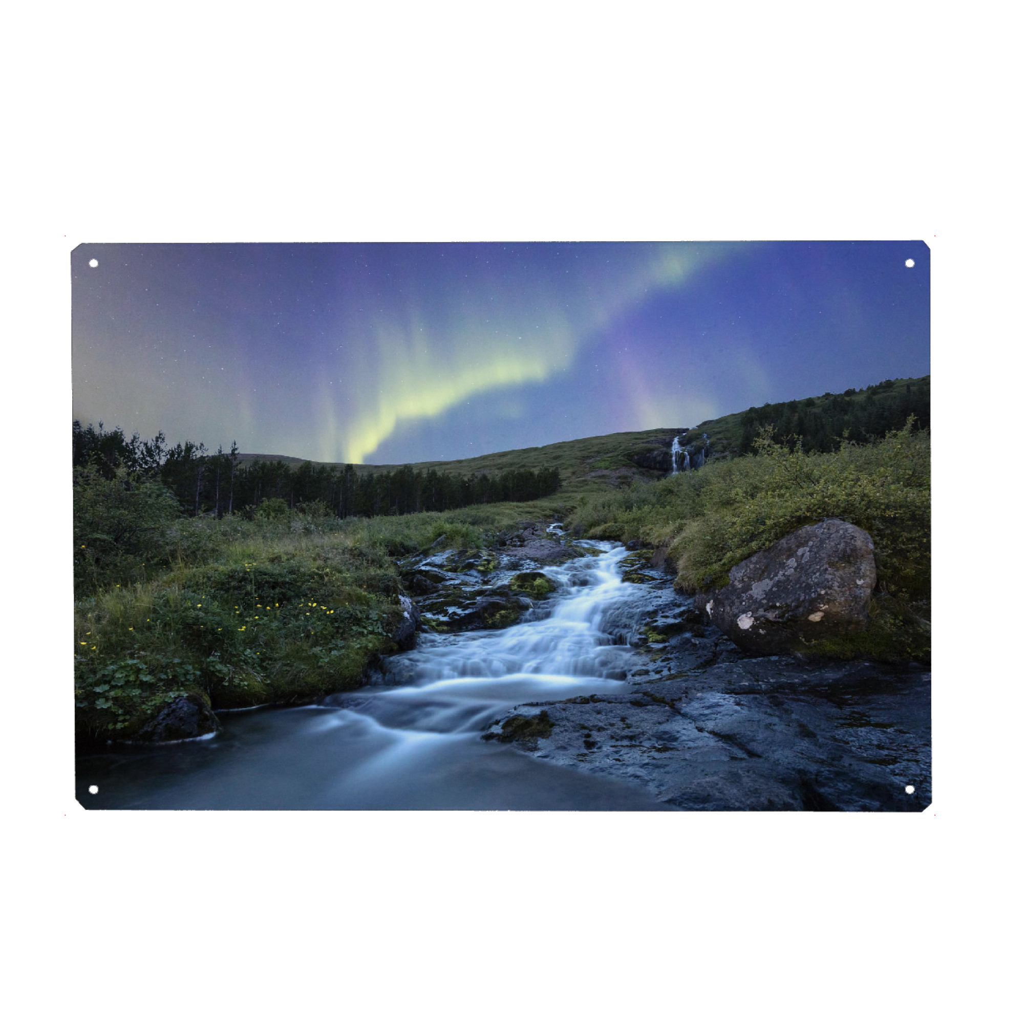 Metall Poster "Nordlichter am Bunárfoss" artboxONE - Natur - Wasserfall,Nordlicht,Aurora,Borealis,Island,Landschaft,Nacht - Blechschild