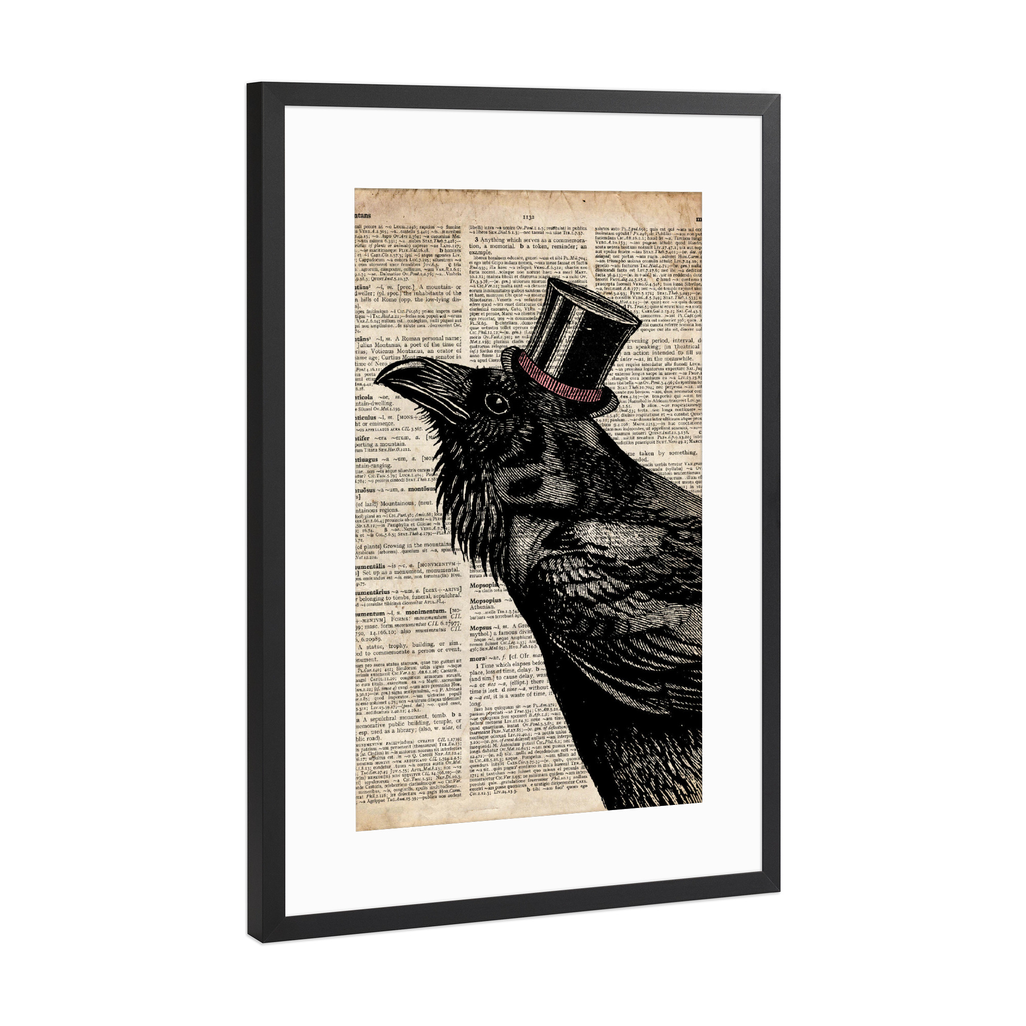 Poster mit Rahmen Schwarz (Metallic) "Rabe in einem Hut" artboxONE - Tiere - Hut,Vogel,Tier,Wörterbuch,Antik,Vintage,Gentleman,Rabe