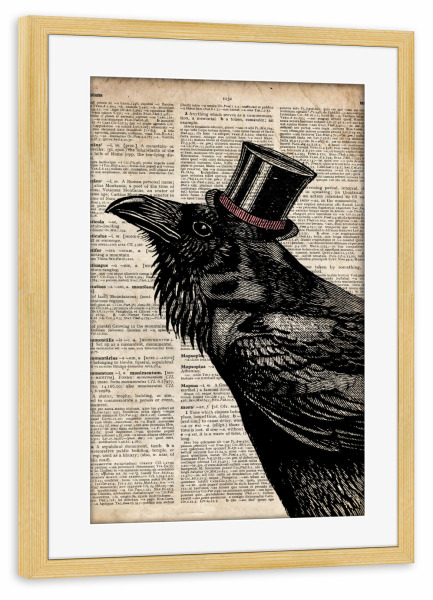 Poster mit Rahmen kiefer "Rabe in einem Hut" artboxONE - Tiere - Hut,Vogel,Tier,Wörterbuch,Antik,Vintage,Gentleman,Rabe
