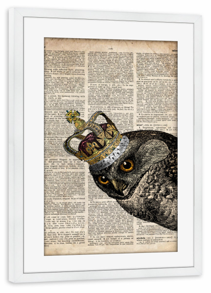 Poster mit Rahmen weiß "Königin Eule - Wörterbuch" artboxONE - Tiere - Eule,Vogel,Tier,Königin,Königlich,Wörterbuch,Antik,Vintage