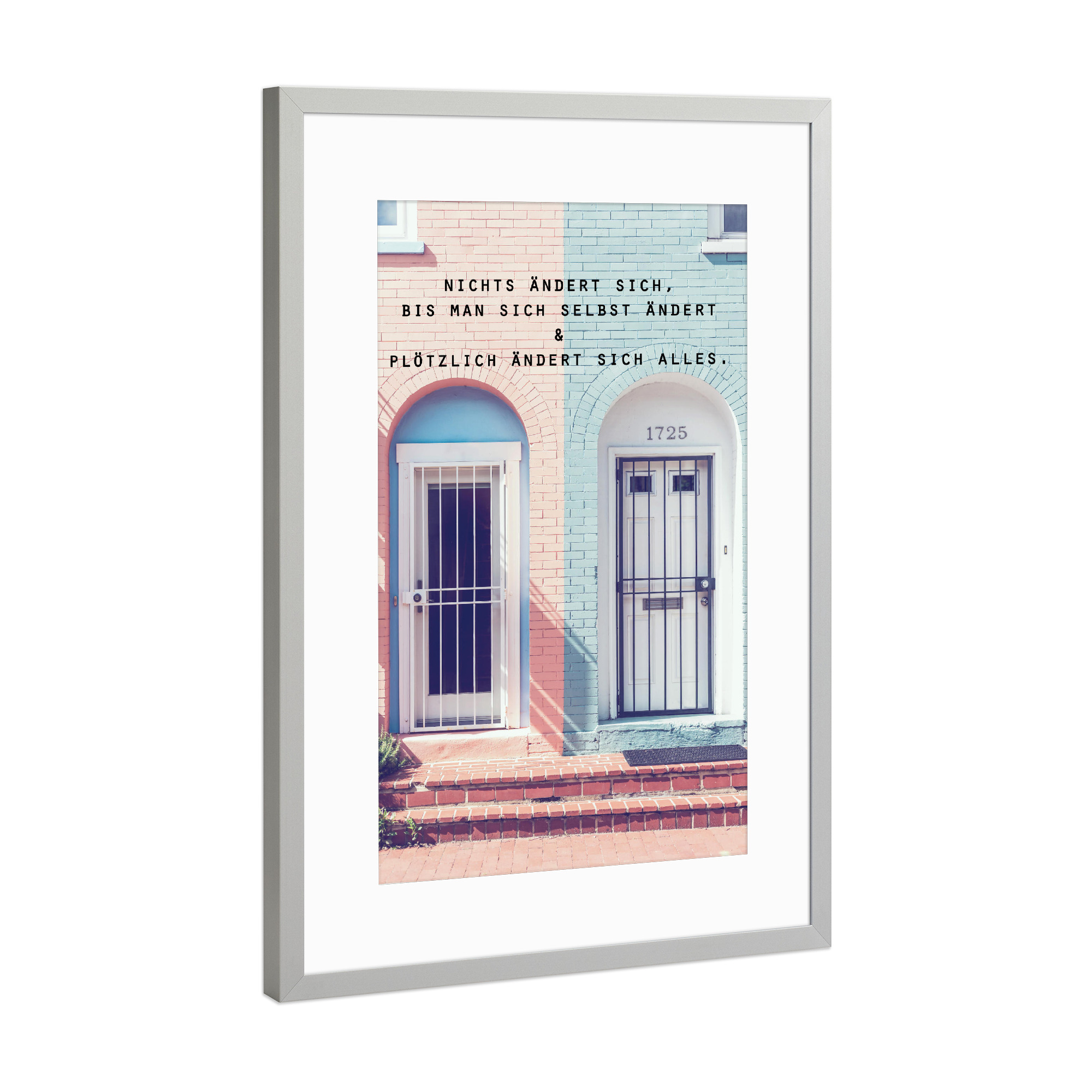 Poster mit Rahmen Silber "Plötzlich ändert sich alles" artboxONE - Typografie