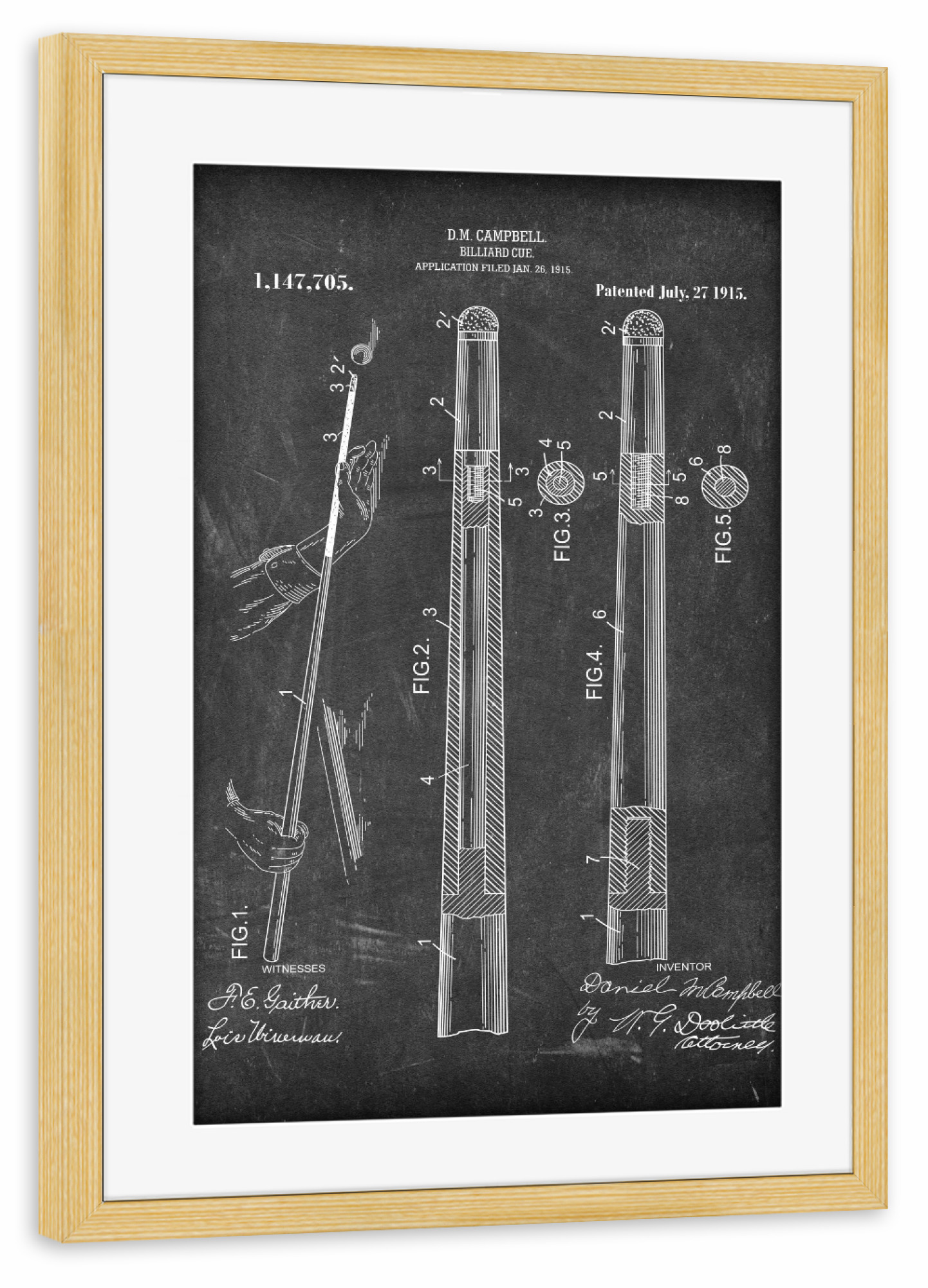 Poster mit Rahmen kiefer "Billard Queue Patent (Tafel)" artboxONE - Schwarzweiß,Sport,Männer