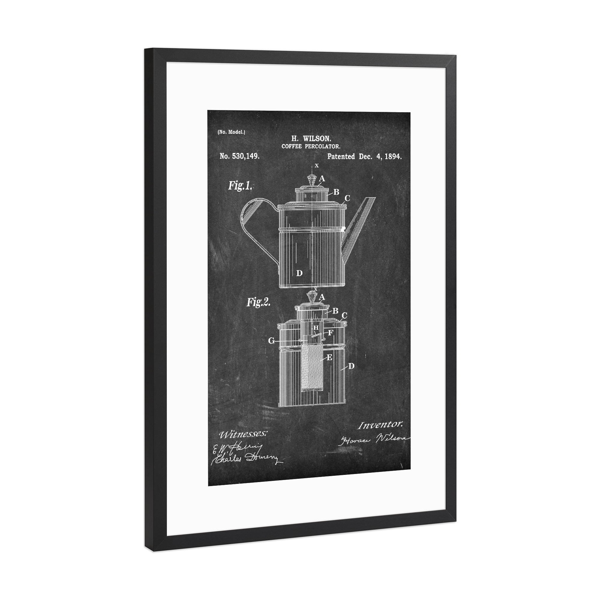 Poster mit Rahmen Schwarz (Metallic) "Kaffeetasse Patent (Tafel)" artboxONE - Essen & Trinken,Schwarzweiß