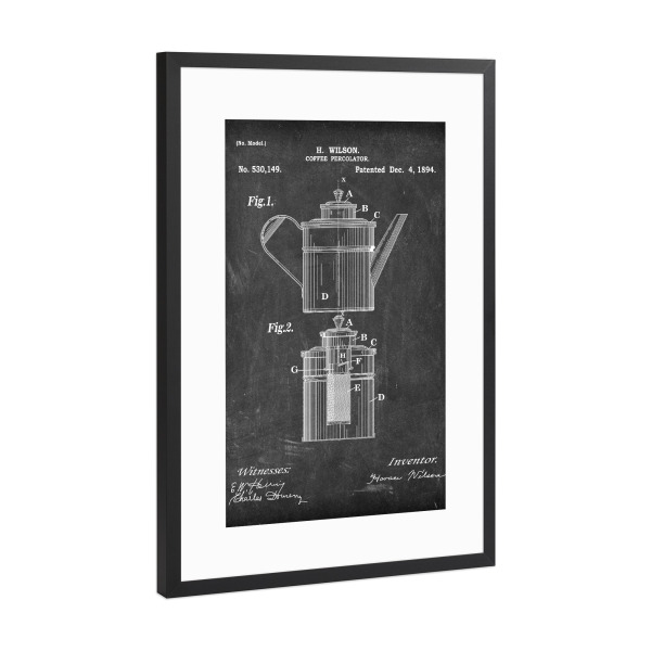 Poster mit Rahmen Schwarz (Metallic) "Kaffeetasse Patent (Tafel)" artboxONE - Essen & Trinken,Schwarzweiß