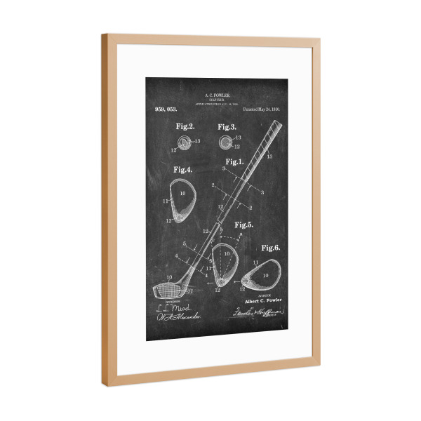Poster mit Rahmen Kupfer "Golfschläger patent (Tafel)" artboxONE - Schwarzweiß,Sport - Golfschläger,Patent,Golf,Vintage,Sport,Retro,Golfer