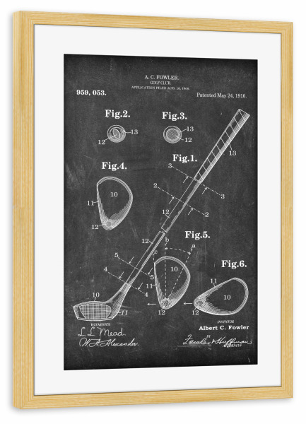 Poster mit Rahmen kiefer "Golfschläger patent (Tafel)" artboxONE - Schwarzweiß,Sport - Golfschläger,Patent,Golf,Vintage,Sport,Retro,Golfer