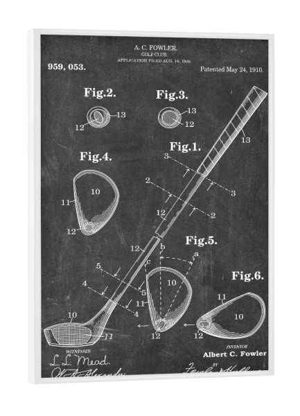 Poster mit weißem Rahmen "Golfschläger patent (Tafel)" artboxONE - Schwarzweiß,Sport - Golfschläger,Patent,Golf,Vintage,Sport,Retro,Golfer