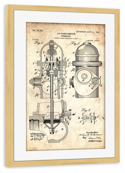 Poster mit Rahmen kiefer "Hydrant Patent (Antik)" artboxONE - Für Papa