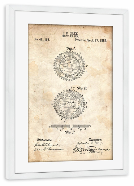 Poster mit Rahmen weiß "Kreissäge Patent (Antik)" artboxONE - Für Papa