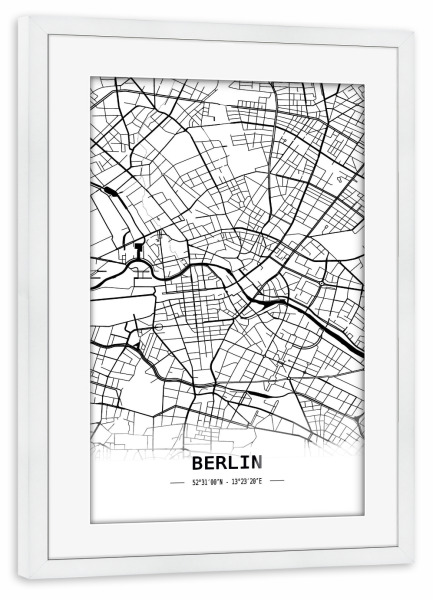Poster mit Rahmen weiß "Berlin Retro Map" artboxONE - Städte,Schwarzweiß,Kartografie - Retro,Map,Berlin