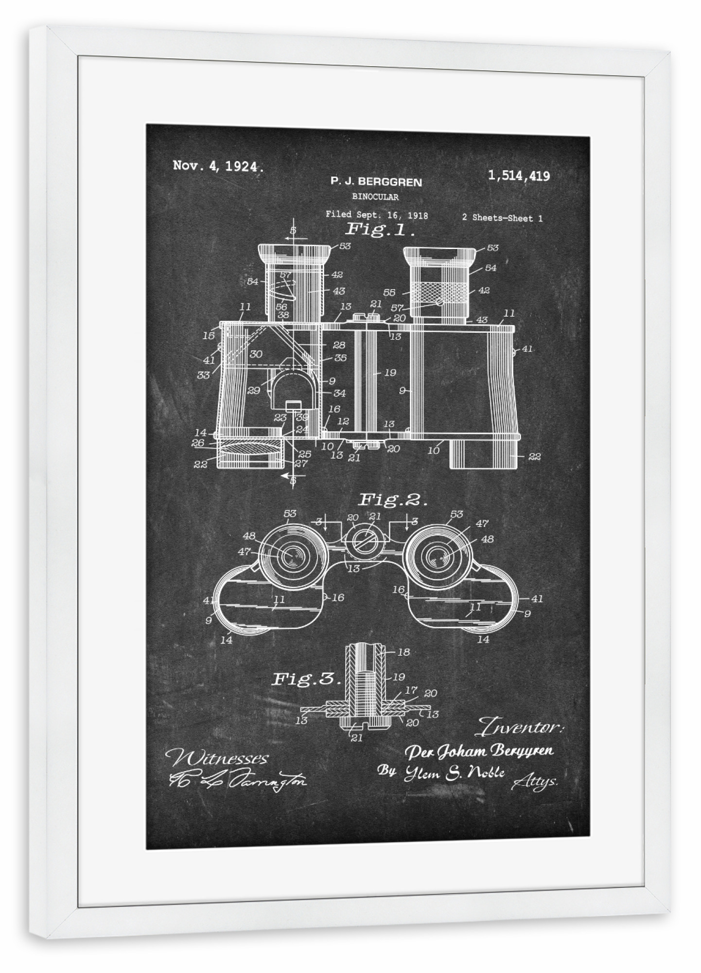 Poster mit Rahmen weiß "Fernglas Patent (Tafel)" artboxONE - Reise,Schwarzweiß,Reise / Strand und Meer