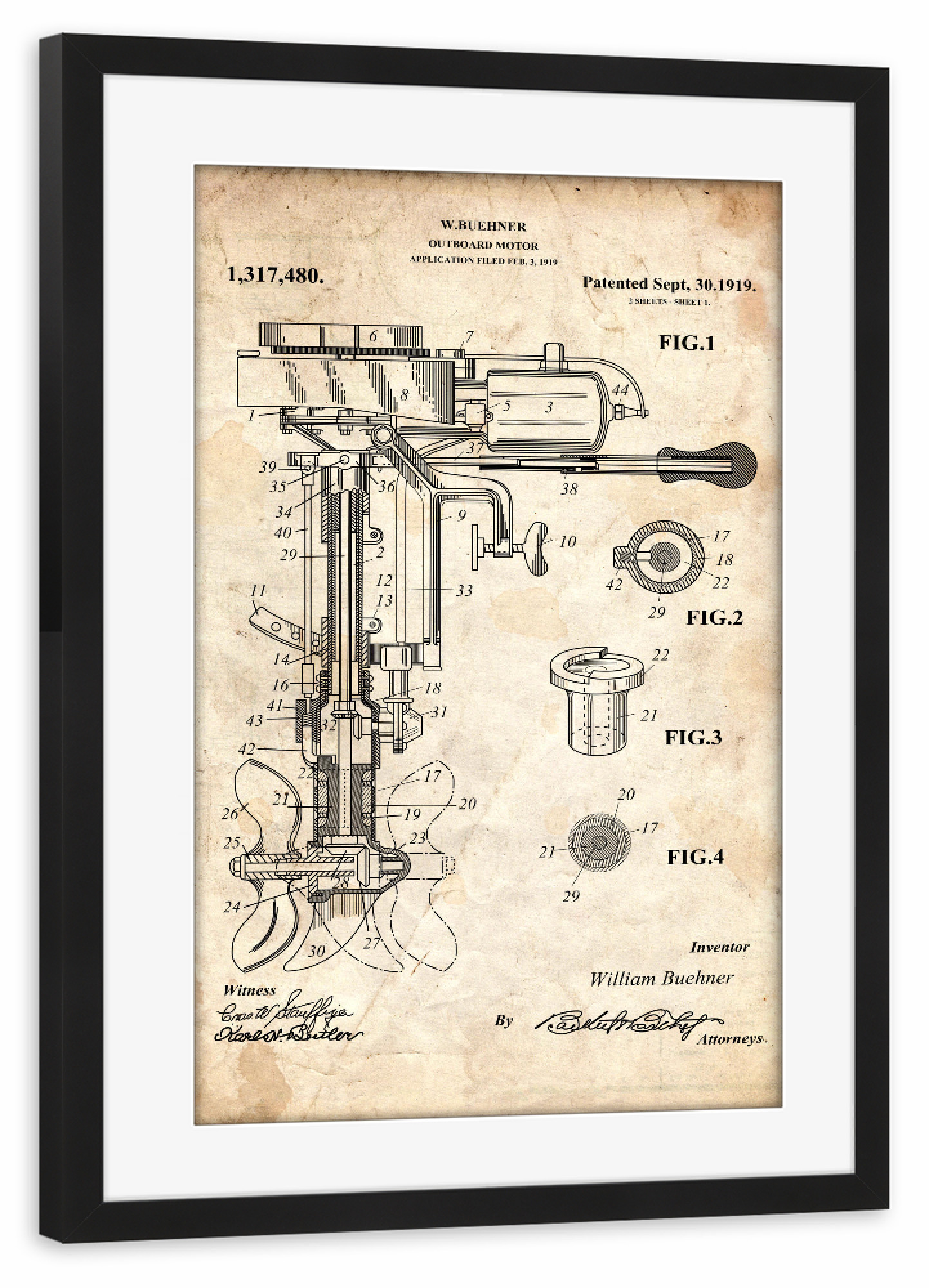 Poster mit Rahmen schwarz "Bootsmotor Patent (Antik)" artboxONE - Reise,Reise / Strand und Meer