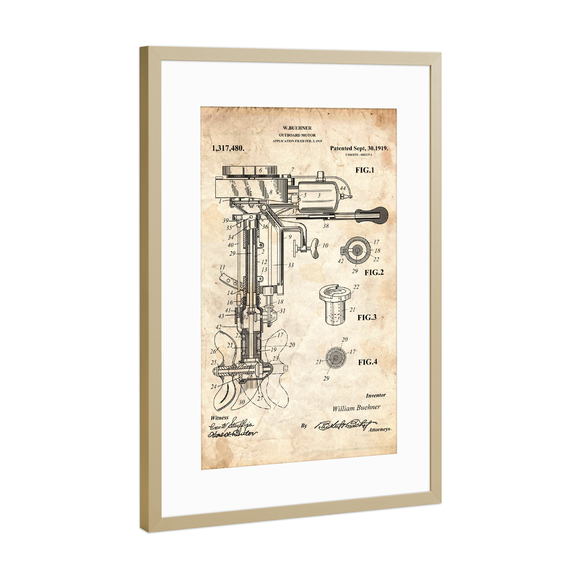 Poster mit Rahmen Gold "Bootsmotor Patent (Antik)" artboxONE - Reise,Reise / Strand und Meer