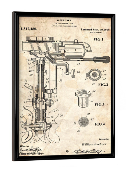 Poster mit schwarzem Rahmen "Bootsmotor Patent (Antik)" artboxONE - Reise,Reise / Strand und Meer