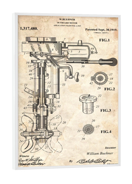 Poster mit weißem Rahmen "Bootsmotor Patent (Antik)" artboxONE - Reise,Reise / Strand und Meer