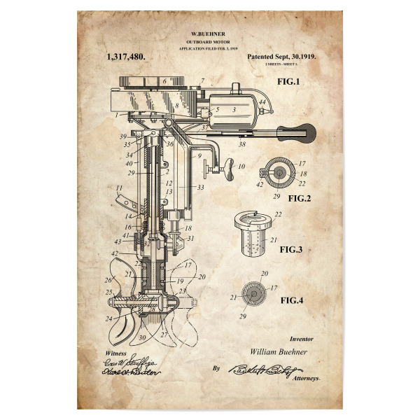 Poster "Bootsmotor Patent (Antik)" artboxONE - Reise,Reise / Strand und Meer - Patent,Retro,Segel,Schiff,Marine,Meer,Nautisch,Boot,Bootsmotor,Motor