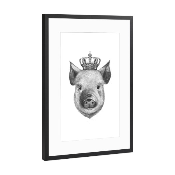 Poster mit Rahmen Schwarz (Metallic) "The King Pig" artboxONE - Tiere,Schwarzweiß - Pig,Royal,King,Black and white,Crown