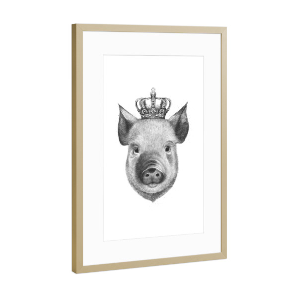 Poster mit Rahmen Gold "The King Pig" artboxONE - Tiere,Schwarzweiß - Pig,Royal,King,Black and white,Crown