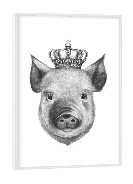 Poster mit weißem Rahmen "The King Pig" artboxONE - Tiere,Schwarzweiß - Pig,Royal,King,Black and white,Crown