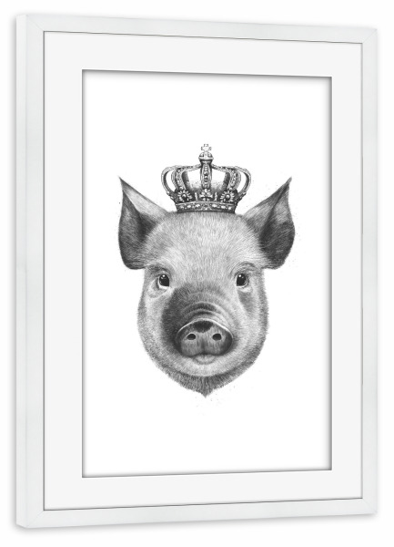 Poster mit Rahmen weiß "The King Pig" artboxONE - Tiere,Schwarzweiß - Pig,Royal,King,Black and white,Crown