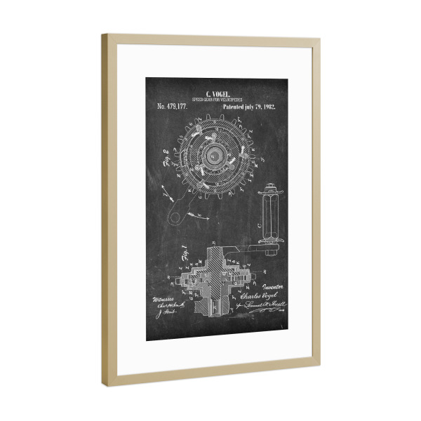 Poster mit Rahmen Gold "Fahrrad Gangschaltung (Tafel)" artboxONE - Reise,Schwarzweiß,Streetart,Sport