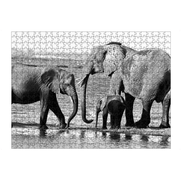 Puzzle Ravensburger "Elefanten mit Baby am Fluss" artboxONE - Tiere,Schwarzweiß,Reise / Afrika - Elefant,Familie,Elefantenbaby,Dickhäuter