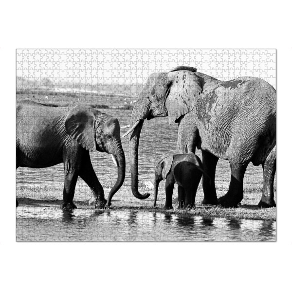 Puzzle Ravensburger "Elefanten mit Baby am Fluss" artboxONE - Tiere,Schwarzweiß,Reise / Afrika - Elefant,Familie,Elefantenbaby,Dickhäuter