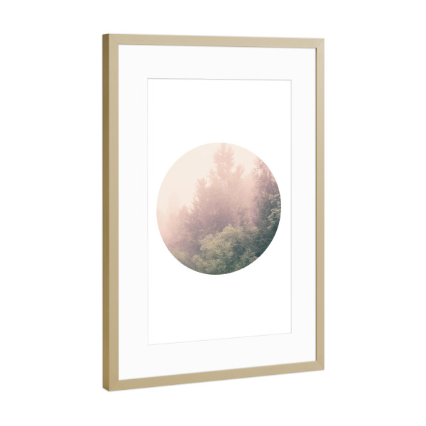 Poster mit Rahmen Gold "Foggy Pink forest" artboxONE - Natur - Pink,Nature,Botanical,Mood,Soft,Circle,Photography,Photo,Modern,Forest,Mountain,Green