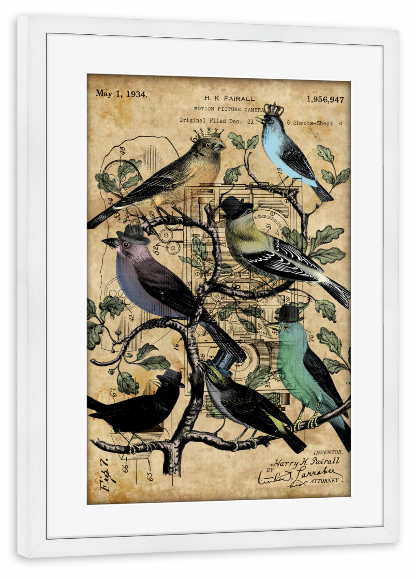 Poster mit Rahmen weiß "Vögel Party" artboxONE - Tiere - Vogel,Singvögel,Tier,Antik,Natur,Retro,Vintage,Steampunk