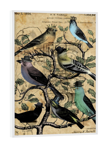 Poster mit weißem Rahmen "Vögel Party" artboxONE - Tiere - Vogel,Singvögel,Tier,Antik,Natur,Retro,Vintage,Steampunk