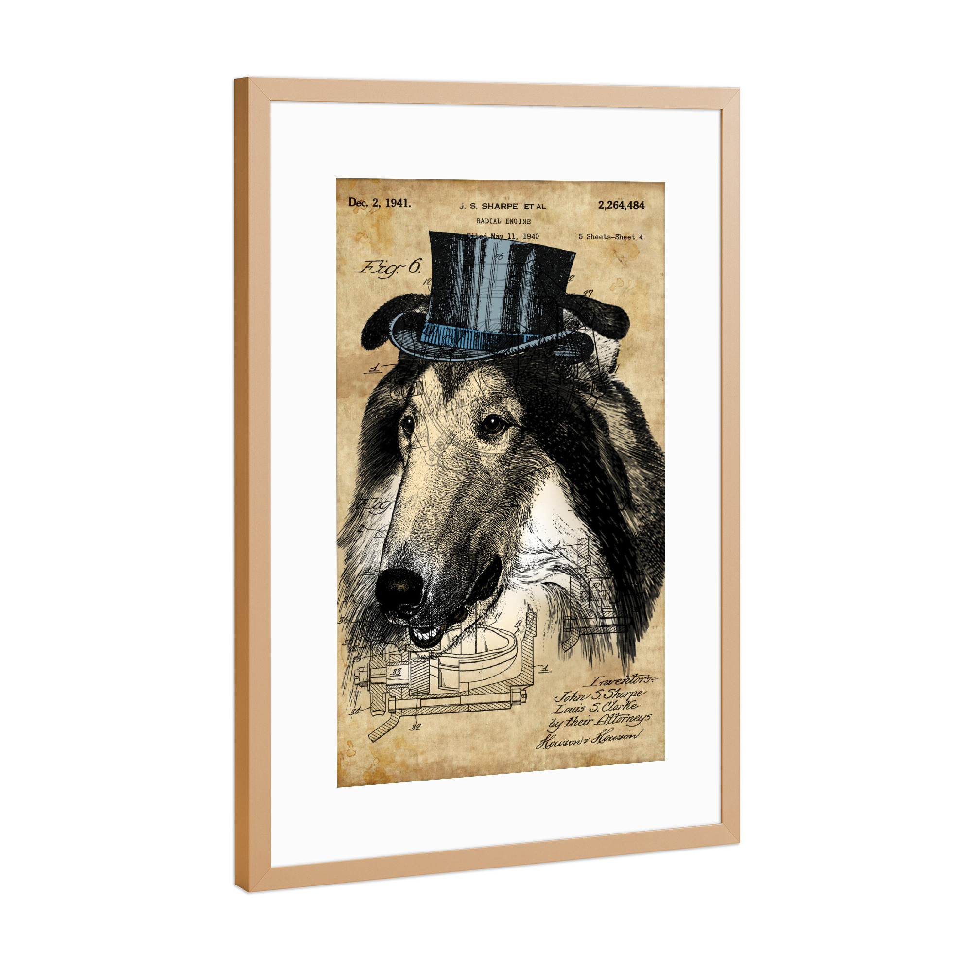 Poster mit Rahmen Kupfer "Collie in einem Hut" artboxONE - Tiere - Collie,Hund,Hund im hut,Hut,Tier,Steampunk,Antik,Vintage,Retro