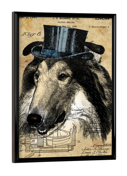 Poster mit schwarzem Rahmen "Collie in einem Hut" artboxONE - Tiere - Collie,Hund,Hund im hut,Hut,Tier,Steampunk,Antik,Vintage,Retro