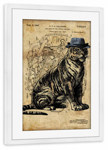 Poster mit Rahmen weiß "Steampunk Tiger im Hut" artboxONE - Tiere,Reise / Asien - Tiger,Tier,Raubtier,Steampunk,Hut,Vintage,Retro,Antik