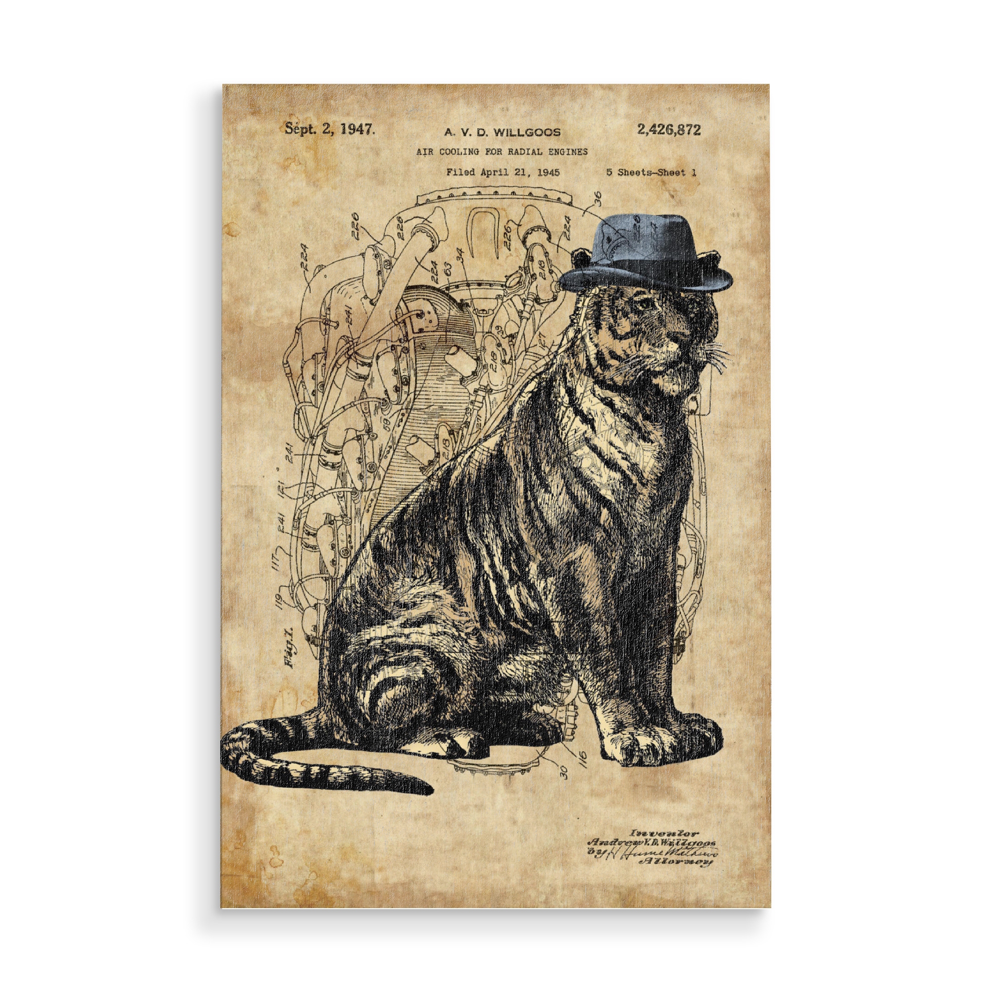 Holzbild "Steampunk Tiger im Hut" artboxONE - Tiere,Reise / Asien - Tiger,Tier,Raubtier,Steampunk,Hut,Vintage,Retro,Antik