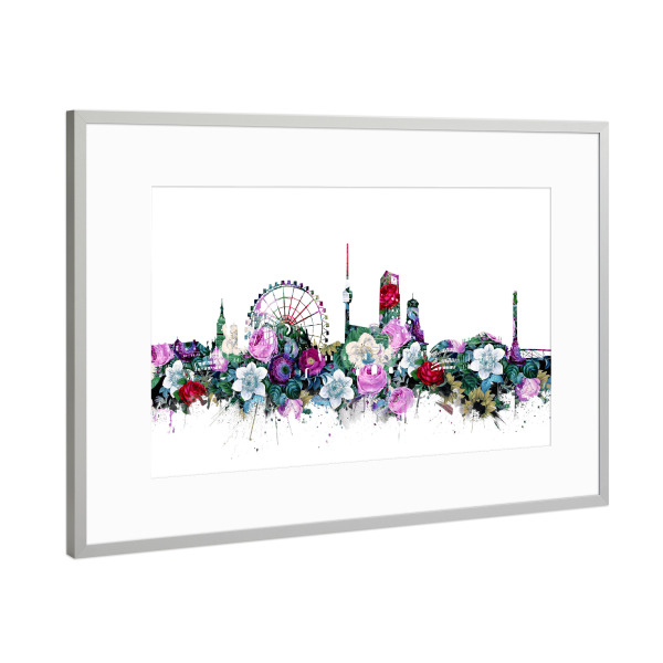 Poster mit Rahmen Silber "Stuttgart city skyline floral" artboxONE - Städte,Reise,Floral,Architektur,Städte / Stuttgart