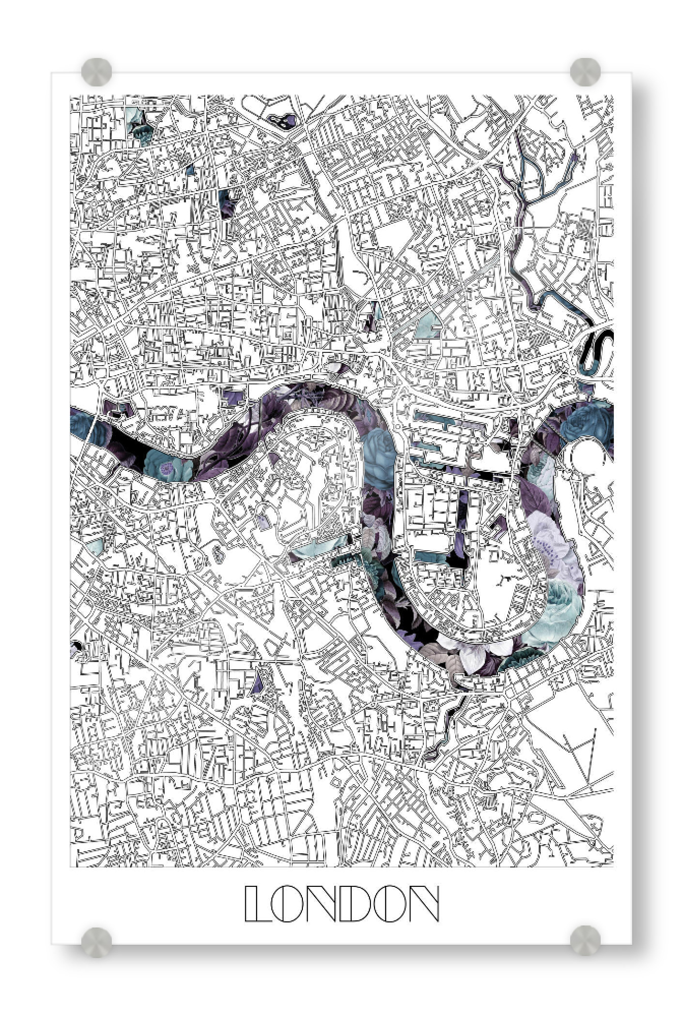 Acrylglasbild "London city map floral" artboxONE - Städte,Städte / London,Typografie,Reise,Schwarzweiß,Kartografie