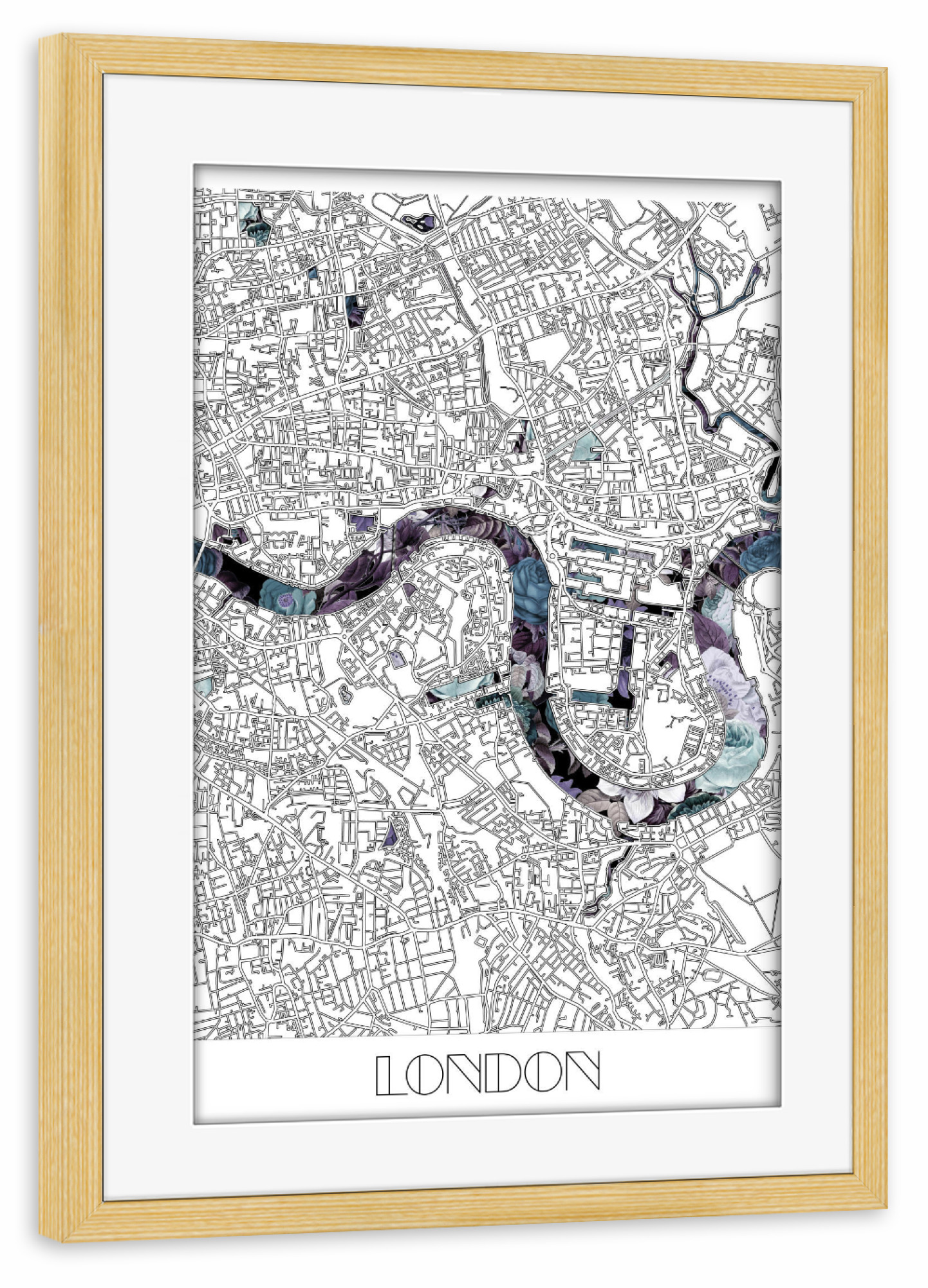 Poster mit Rahmen kiefer "London city map floral" artboxONE - Städte,Städte / London,Typografie,Reise,Schwarzweiß,Kartografie