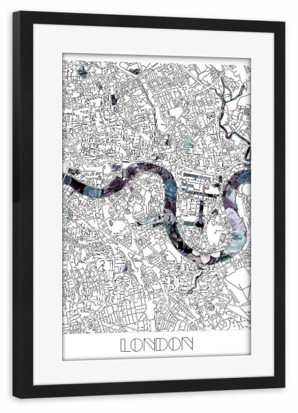 Poster mit Rahmen schwarz "London city map floral" artboxONE - Städte,Städte / London,Typografie,Reise,Schwarzweiß,Kartografie