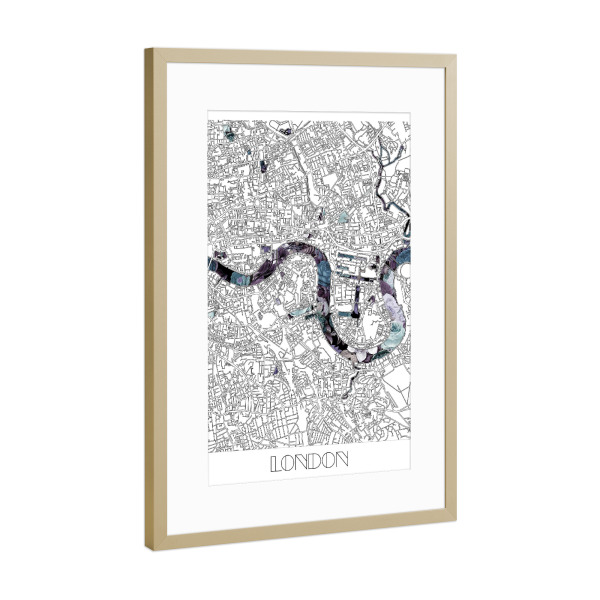 Poster mit Rahmen Gold "London city map floral" artboxONE - Städte,Städte / London,Typografie,Reise,Schwarzweiß,Kartografie