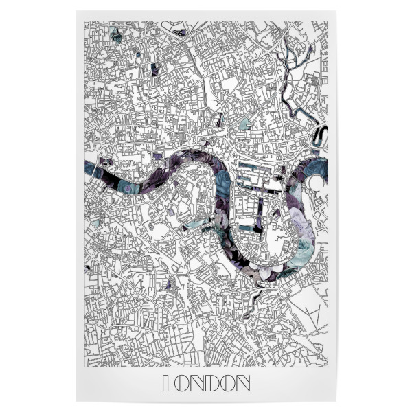 Poster 30x20 cm "London city map floral" artboxONE - Städte,Städte / London,Typografie,Reise,Schwarzweiß,Kartografie
