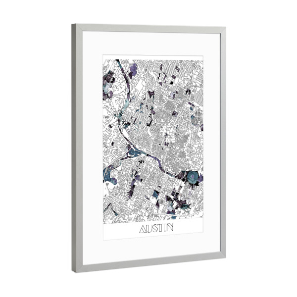 Poster mit Rahmen Silber "Austin city map floral" artboxONE - Städte,Typografie,Reise,Floral,Schwarzweiß,Kartografie