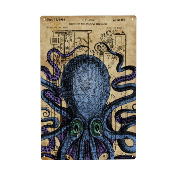 Metall Poster "Steampunk Krake" artboxONE - Tiere - Krake,Tintenfisch,Steampunk,Nautisch,Meer,See,Ozean,Patent,Entwurf - Blechschild
