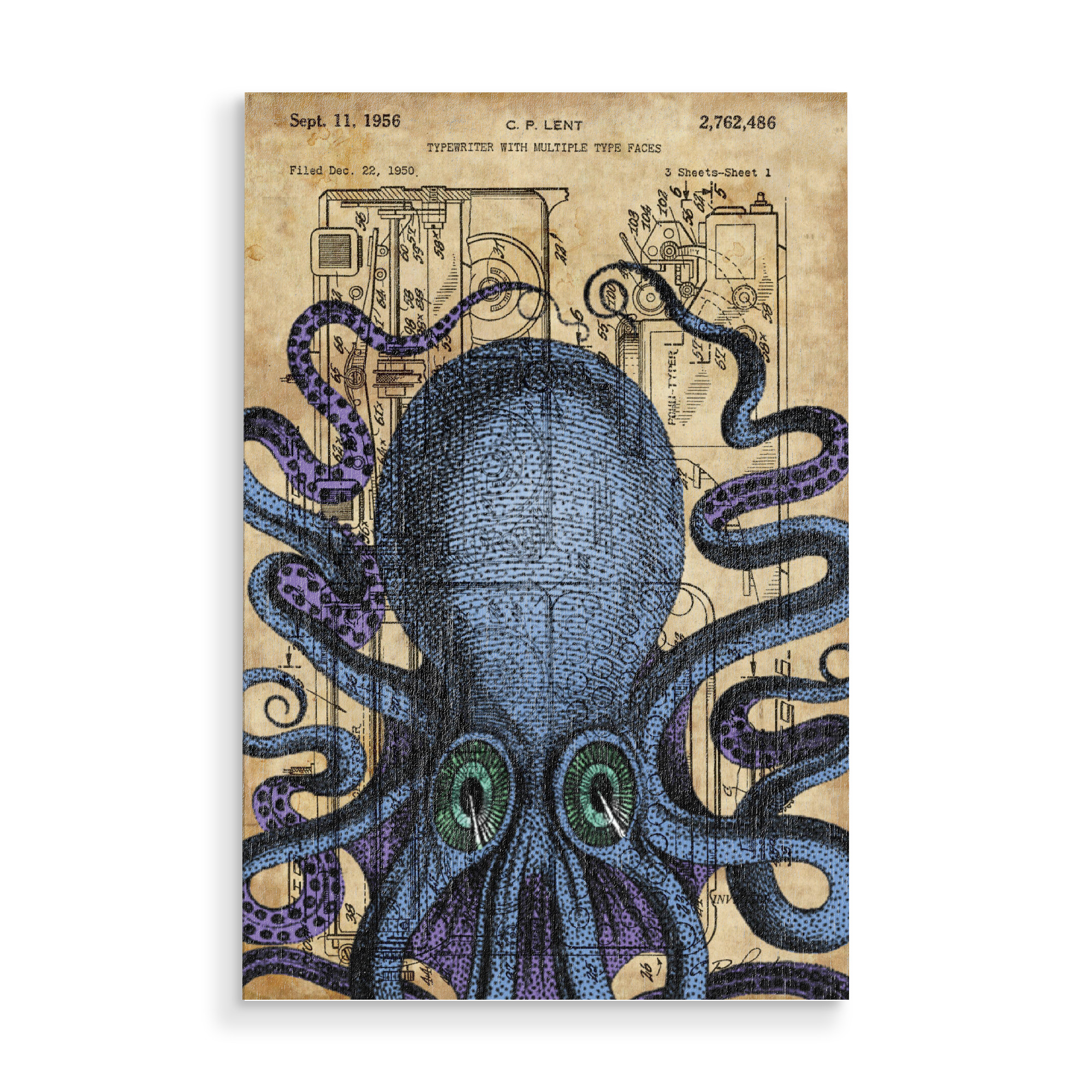 Holzbild "Steampunk Krake" artboxONE - Tiere - Krake,Tintenfisch,Steampunk,Nautisch,Meer,See,Ozean,Patent,Entwurf