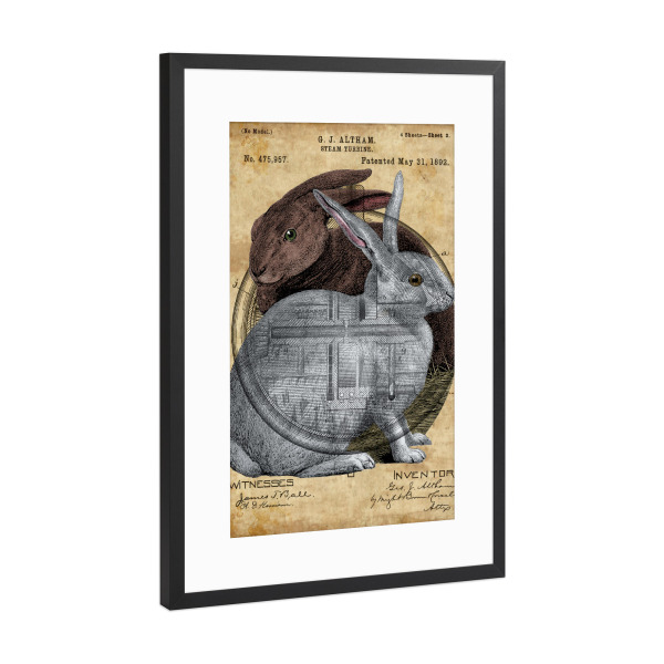 Poster mit Rahmen Schwarz (Metallic) "Hase Paar" artboxONE - Tiere - Tier,Antik,Vintage,Hase,Wald,Viktorianisch,Steampunk,Entwurf
